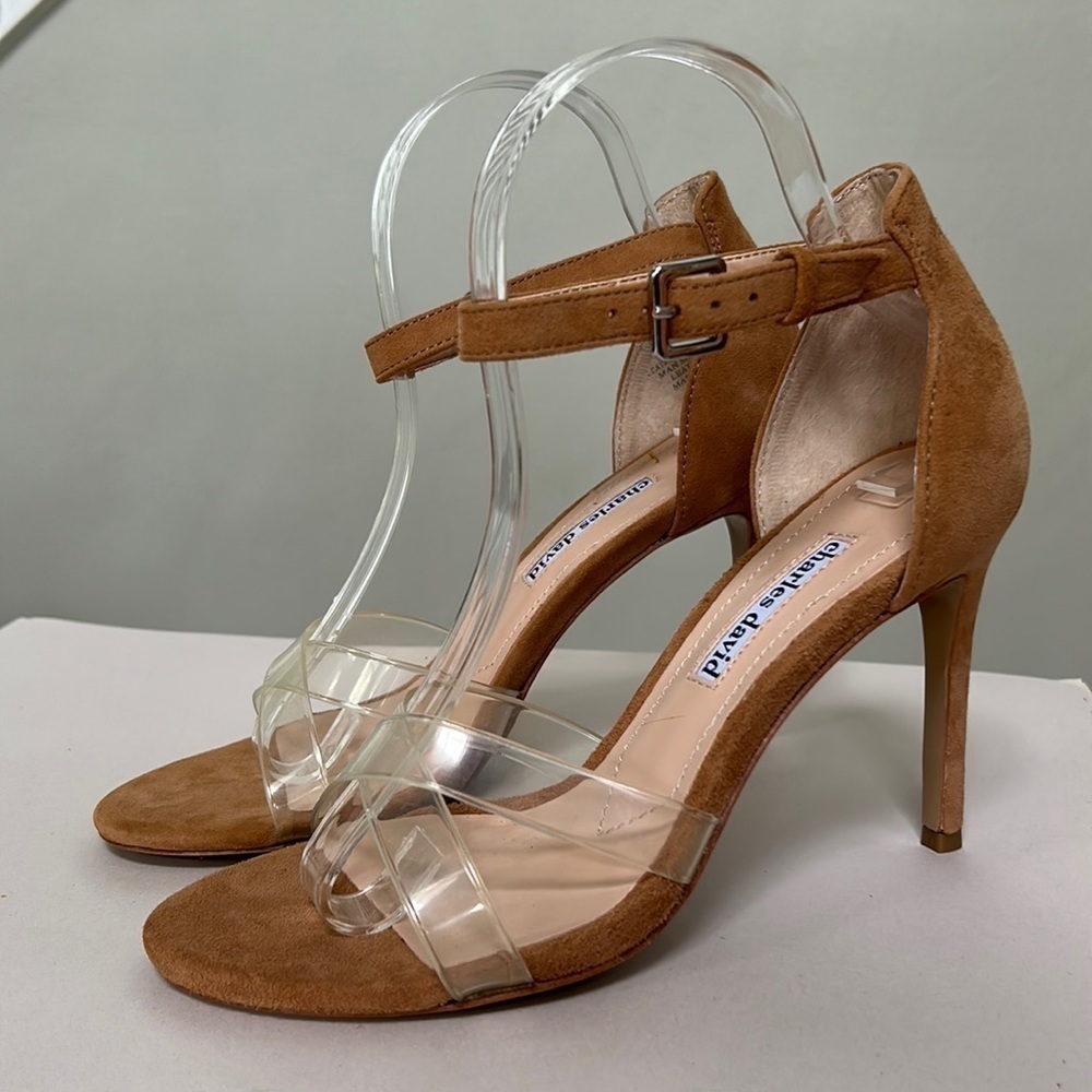Charles David Suede & Vinyl Ankle Strap Open Toe High Heels, women’s size 7